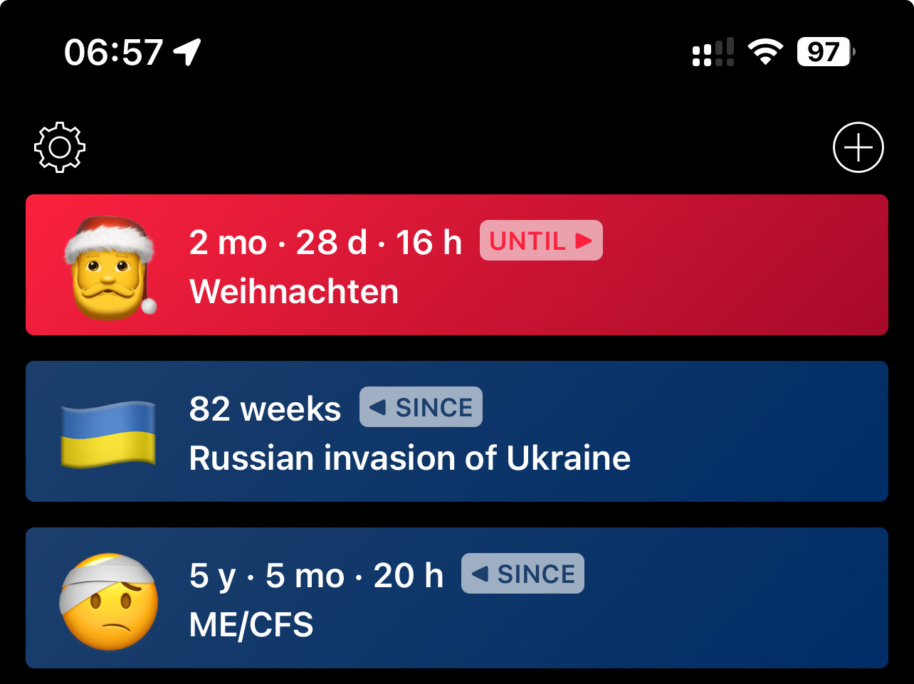 Screenshot der Yonks App 

2 mo • 28 d • 16 h
Weihnachten
UNTIL I
82 weeks
SINCE
Russian invasion of Ukraine
5 y • 5 mo • 20 h
ME/CFS
I SINCE