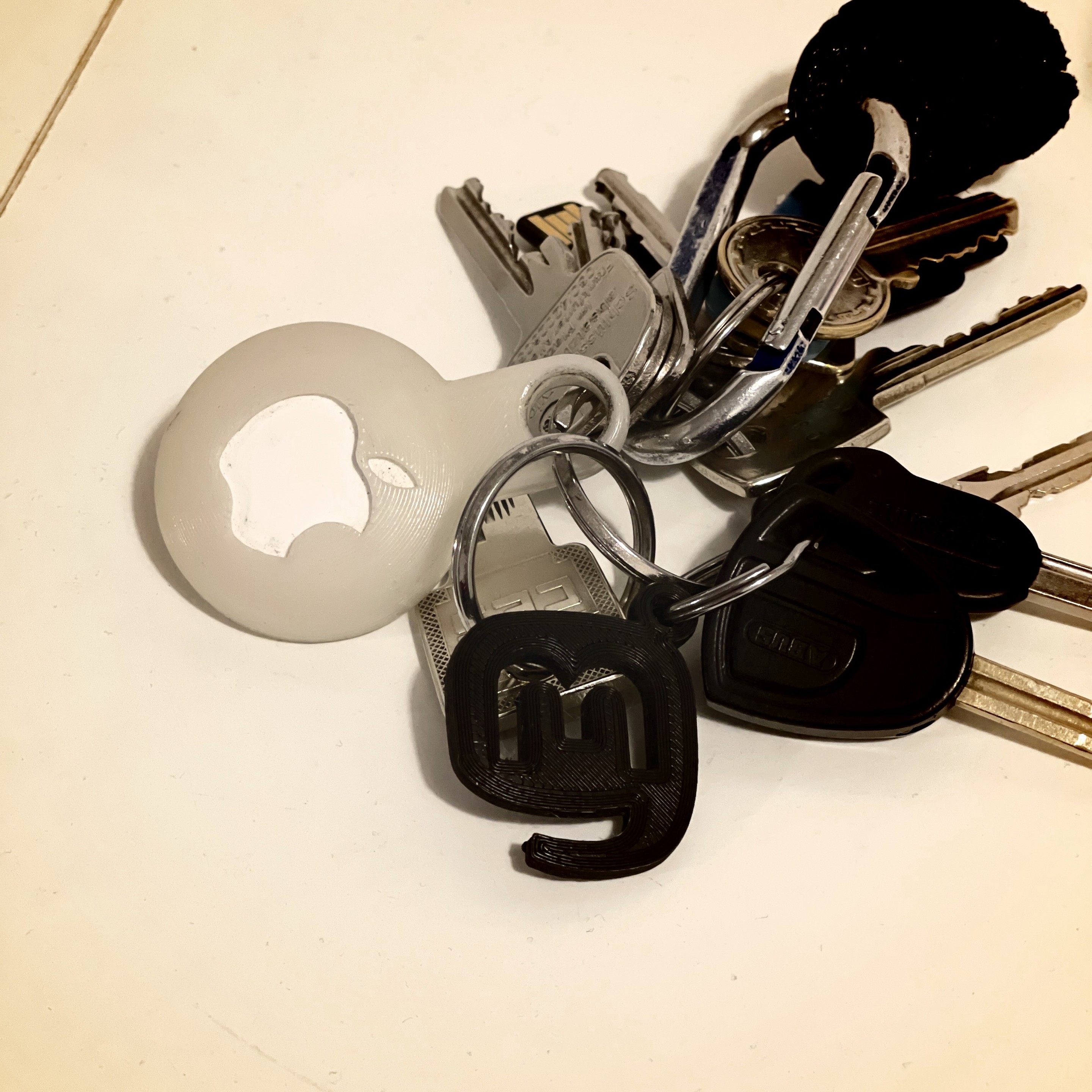 A bunch of keys with various keychains, including a black mastodon logo and a white one with a recognizable apple shape with a bite mark.