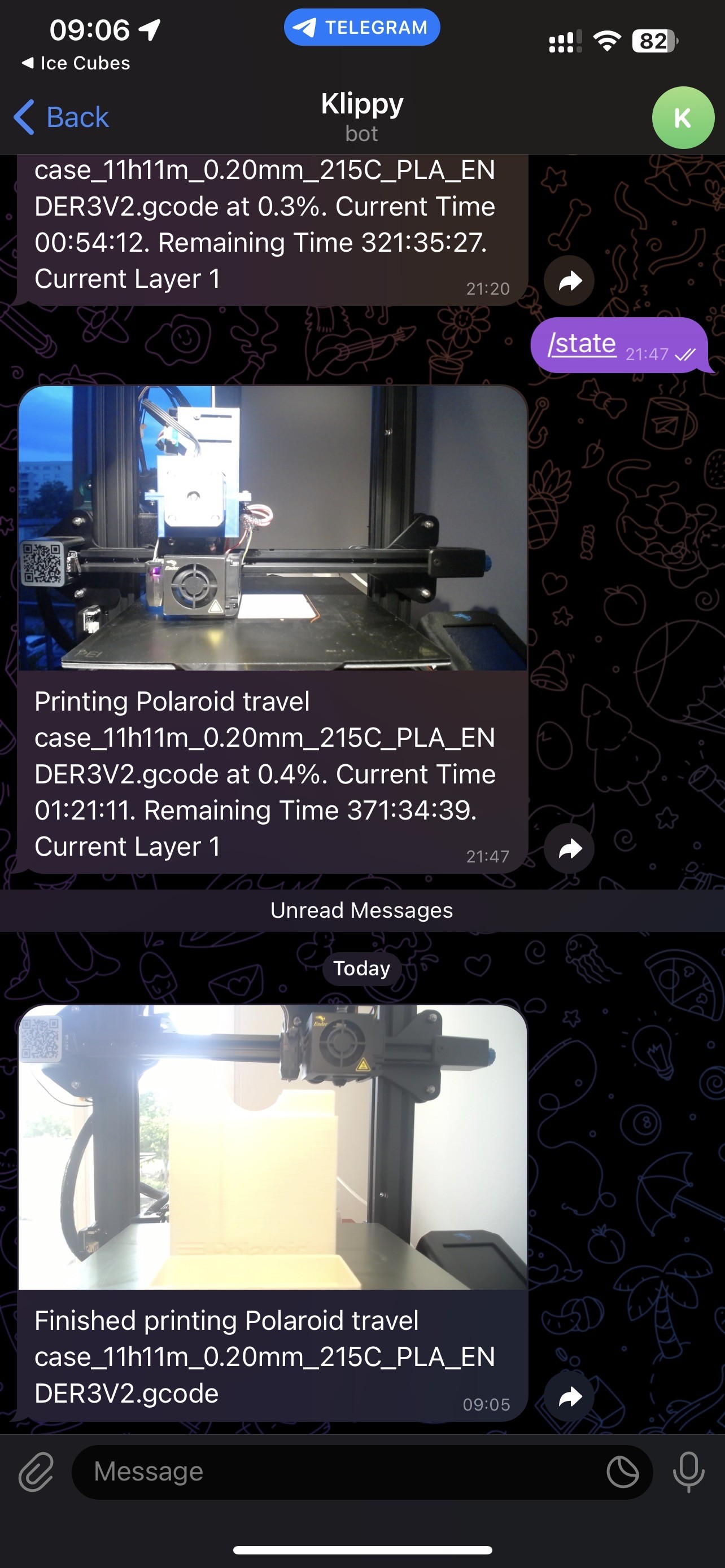Screenshot of a Telegram conversation with a 3D printing bot. Three images show the 3D printing progress and completion of a Polaroid travel case. Associated status messages indicate printing progress and times.