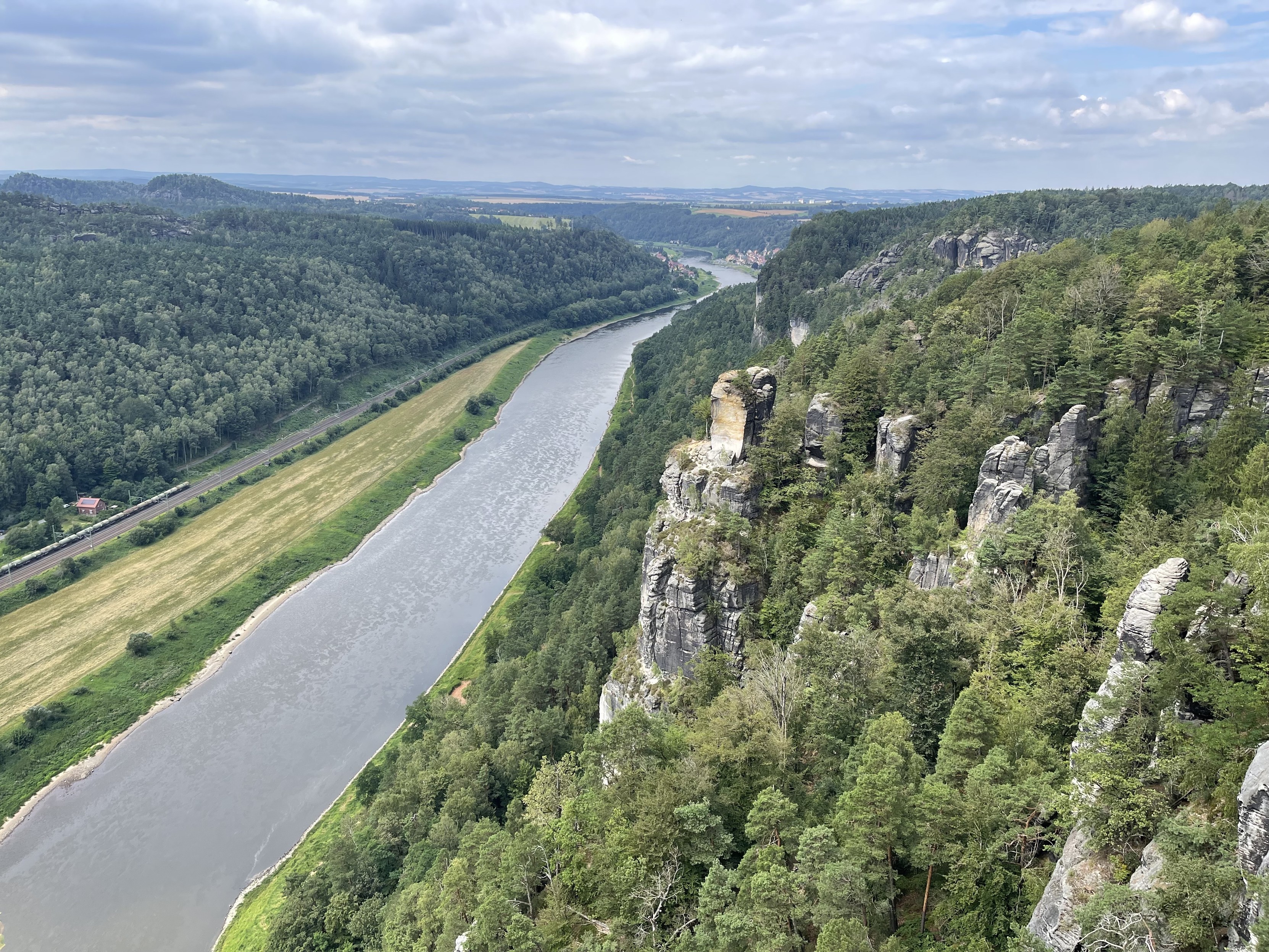 A river winding through a lush forested valley with rocky cliffs on one side under a cloudy sky. The river is the Elbe
