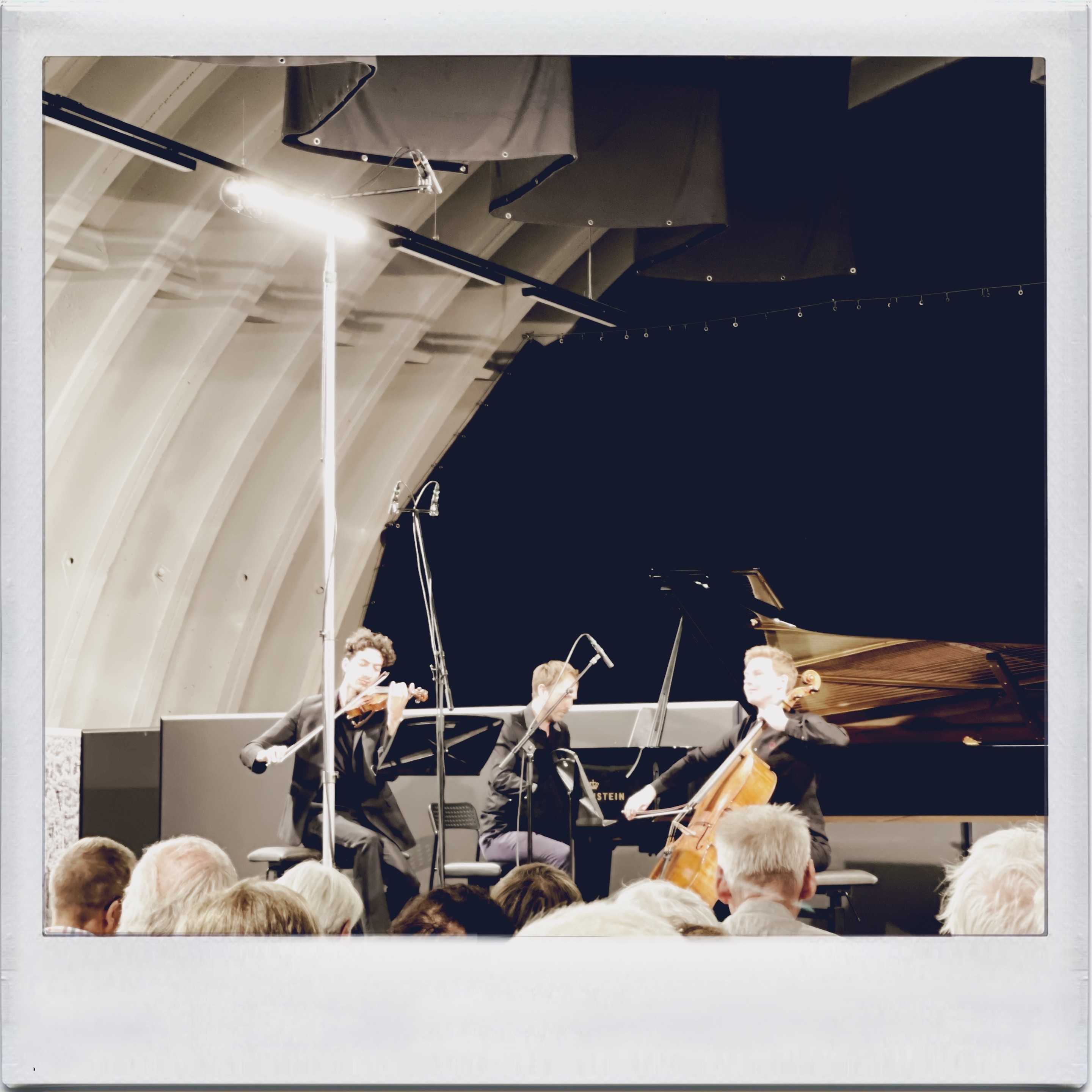 Ein Trio von Musikern tritt auf der Bühne auf, mit einem Geiger, einem Cellisten und einem Pianisten. Das Publikum ist im Vordergrund sichtbar, mit einer modernen Konzerthalle, die durch Bühnenbeleuchtung beleuchtet wird.