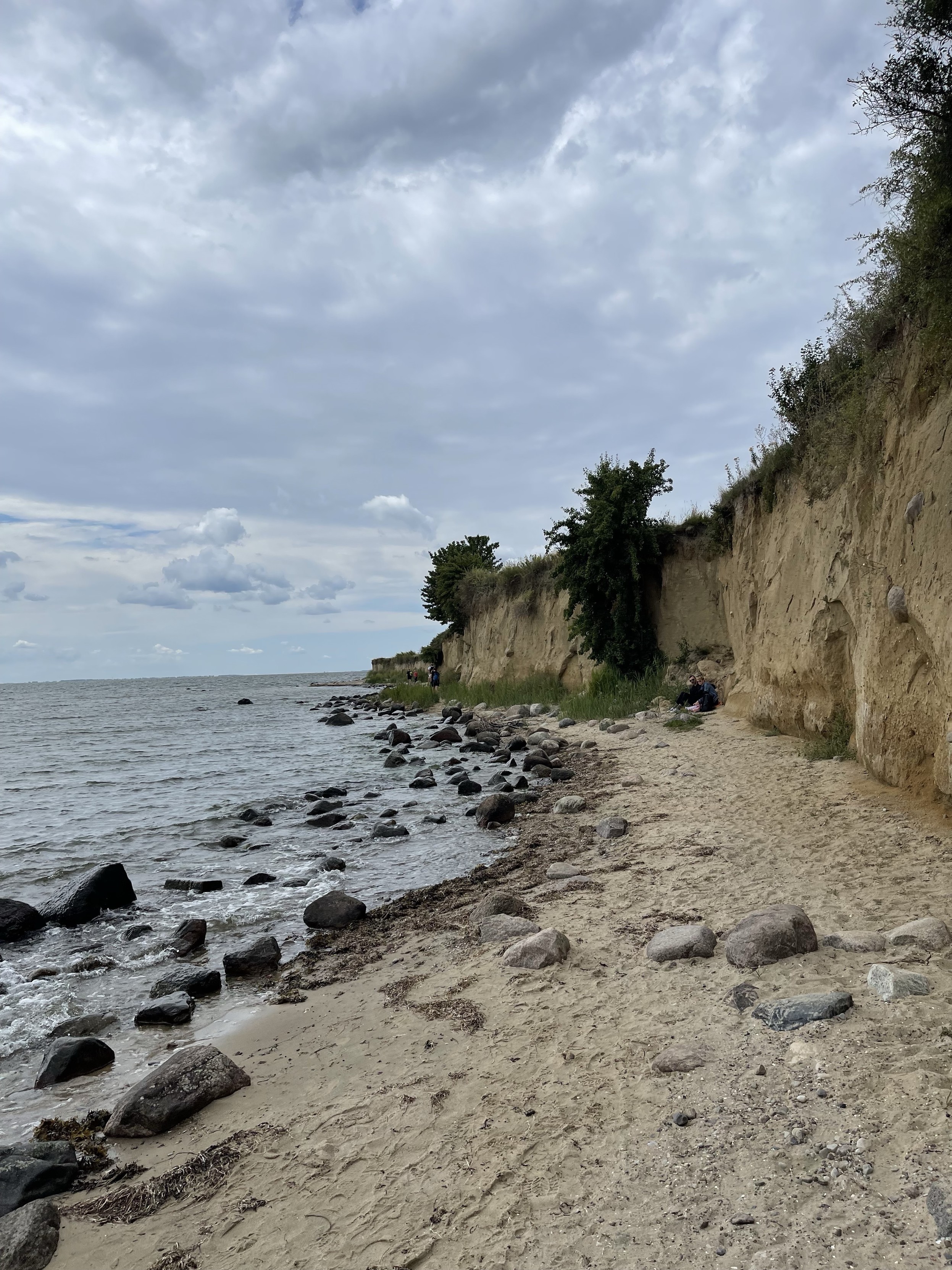 Eine felsige Küste mit Sandstrand, Klippen und bedecktem Himmel.