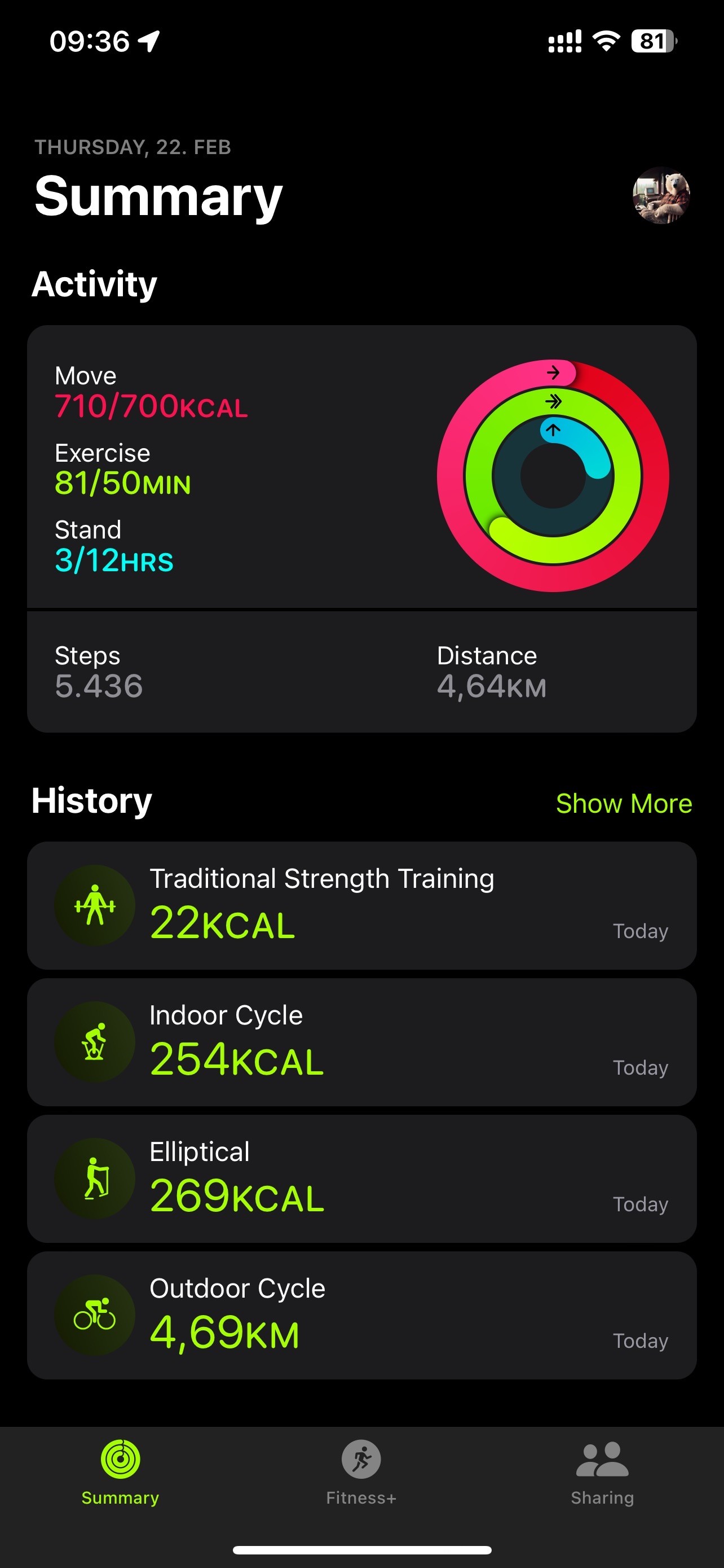 Screenshot of a fitness tracking app showing daily activity summary with completed move, exercise, and stand goals alongside step count and distance covered. Also includes a history of workouts with calories burned and distances cycled.